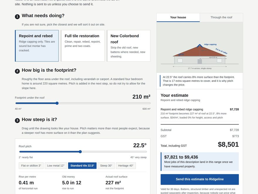 The roofing estimator showing job options, a pitch slider, a scale drawing of the roof and an itemised estimate